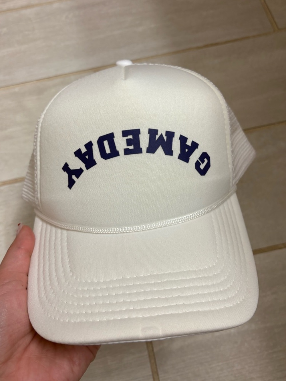 White 'GAME DAY' Trucker Hat with Navy Lettering